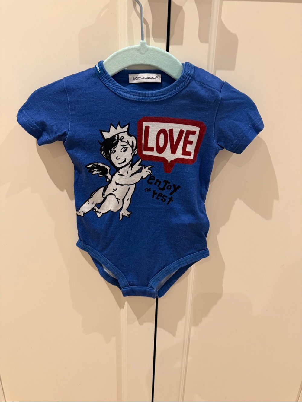 Dolce & Gabbana 3-6m Blue Cherub 'LOVE' Graphic One-Piece